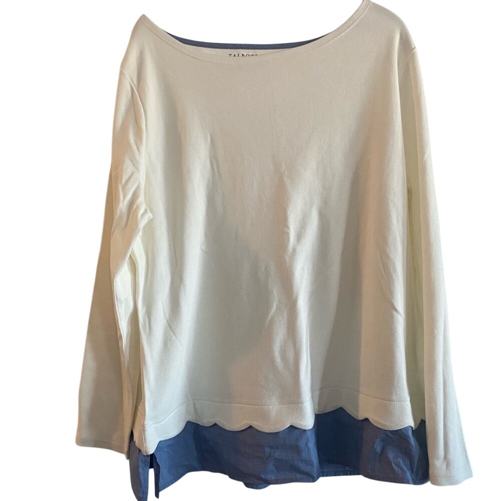 Talbots Cotton Blouse XL White Blue Scalloped Hem Mixed Media Trim Top Blouse